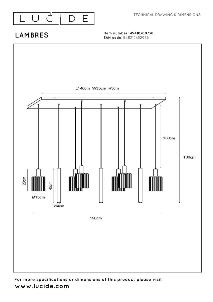 Подвесной светильник с диммером Lucide Lambres 45410/09/30 в Санкт-Петербурге