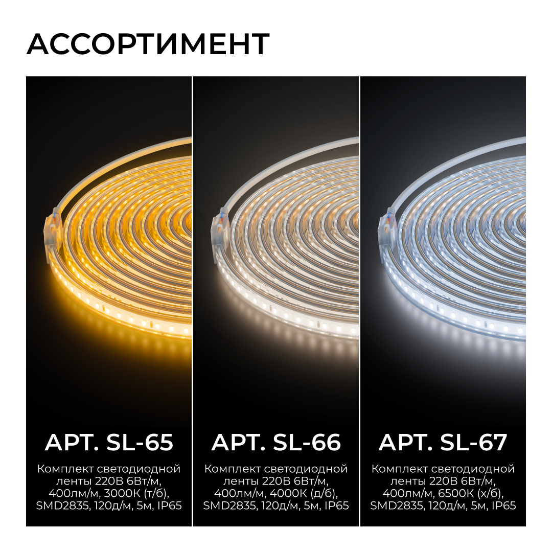 Комплект светодиодной ленты OGM 220В 6Вт/м, 400лм/м, 3000К (т/б), SMD2835, 120д/м, 5м, IP65 SL-65 в Санкт-Петербурге