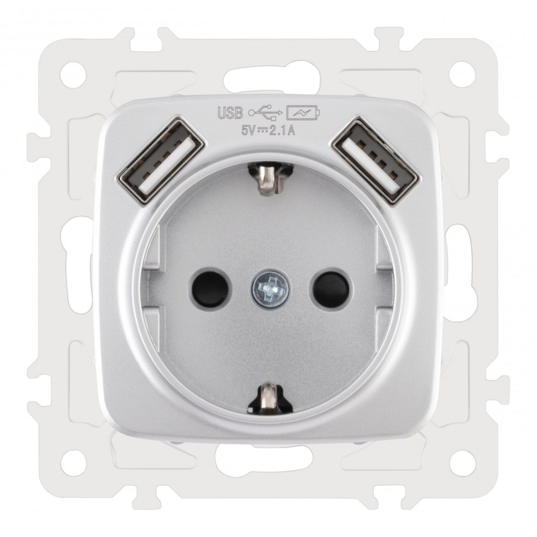 Розетка с заземлением, шторками + 2 USB Arte Milano 205.47-1.silver в Санкт-Петербурге