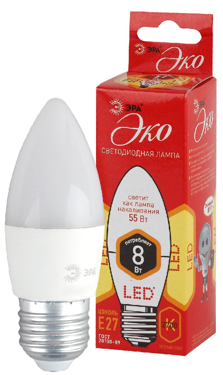 Лампа светодиодная Эра E27 8W 2700K ECO LED B35-8W-827-E27 Б0030020 в #REGION_NAME_DECLINE_PP#