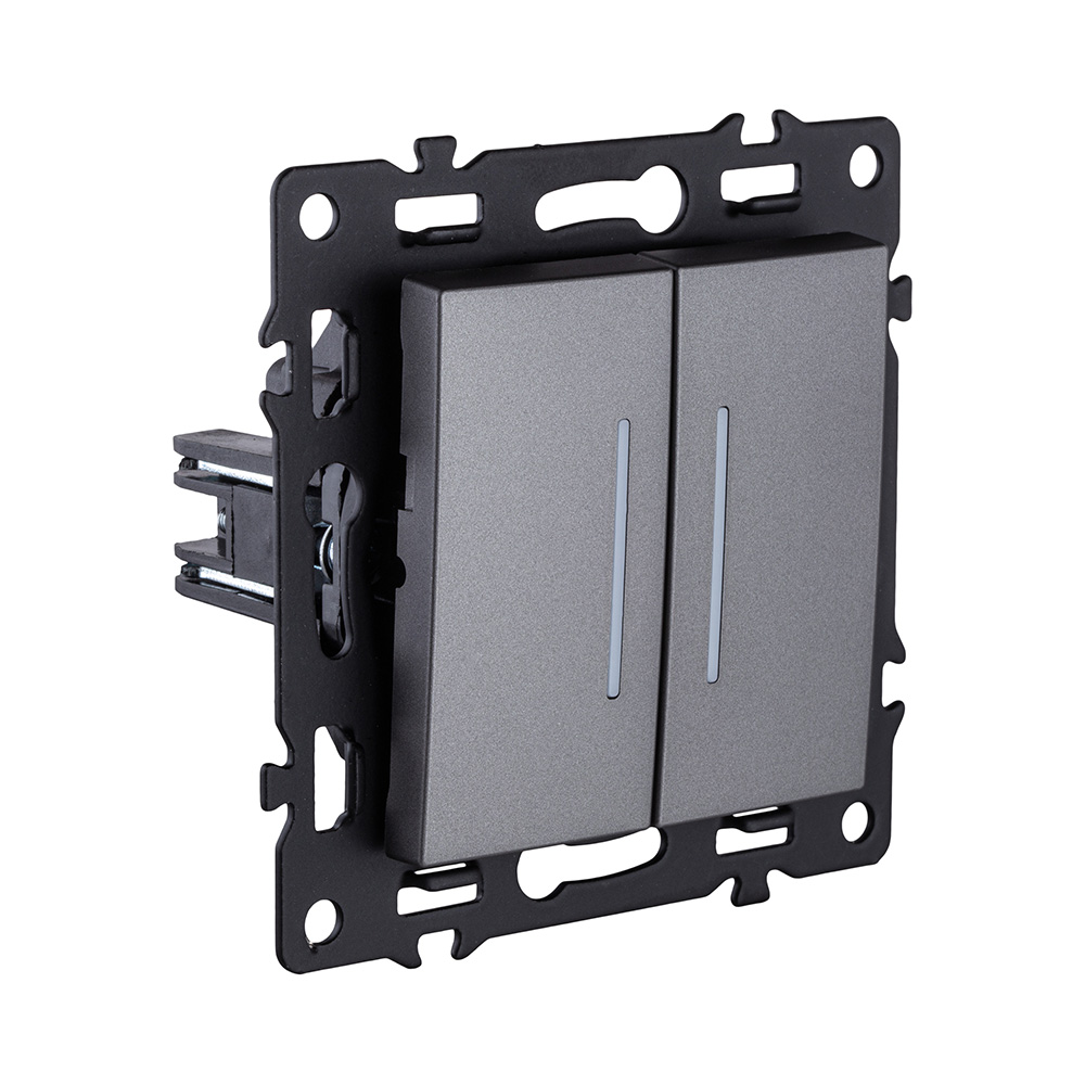 Выключатель 2-клавишный проходной 10А/250В с LED подсветкой, серый Kollinger Asthetik AS-011GY в #REGION_NAME_DECLINE_PP#