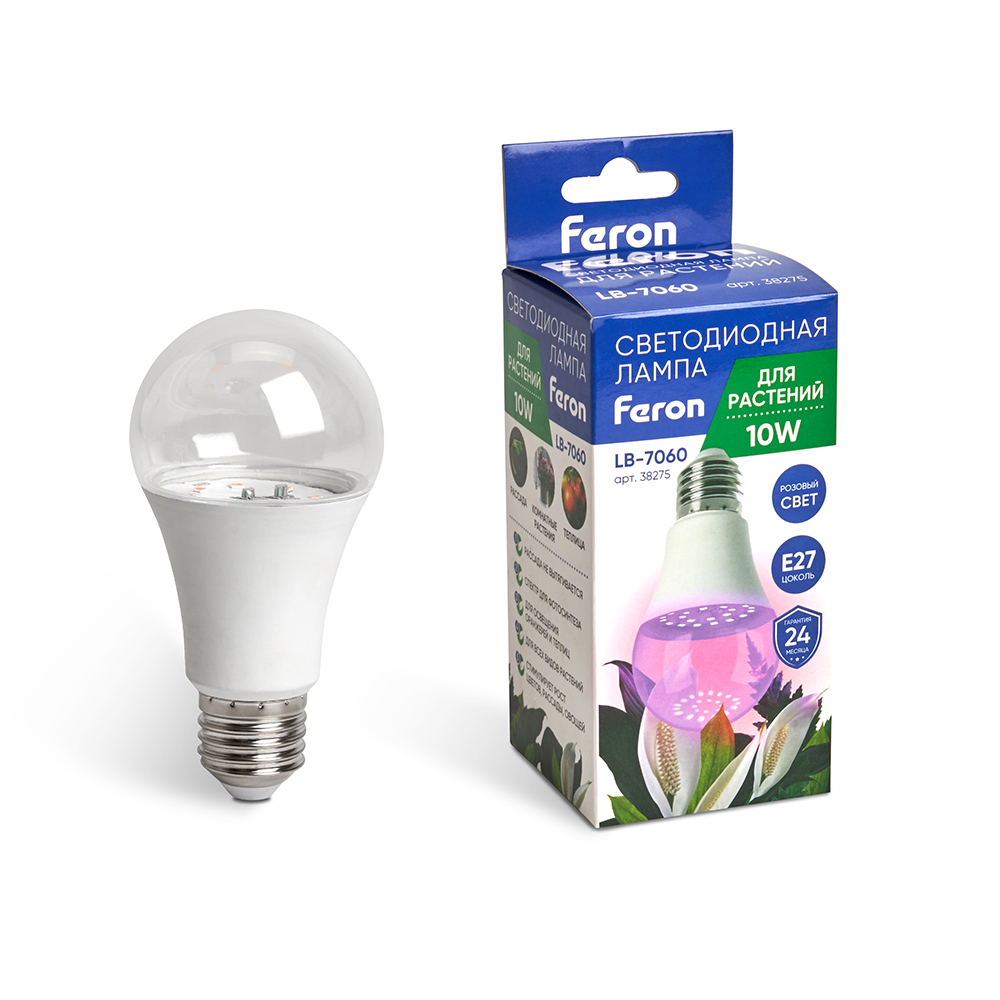 Лампа светодиодная для растений Feron LB-7060 E27 10W красно-синий спектр 38275 в #REGION_NAME_DECLINE_PP#