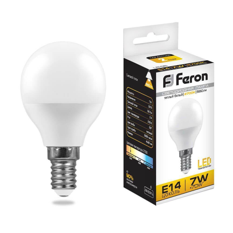 Лампа светодиодная Feron E14 7W 2700K Шар Матовая LB-95 25478 в Санкт-Петербурге