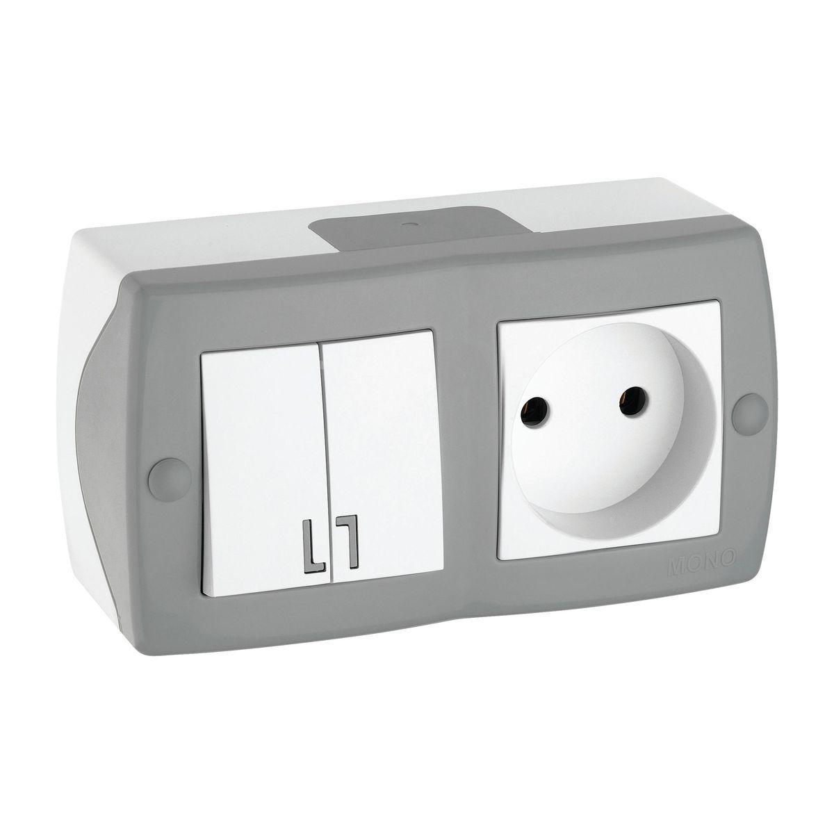 Выключатель двухклавишный + розетка без заземления Mono Electric Octans IP20 10А 250В бело-серый 104-020001-182 в Санкт-Петербурге