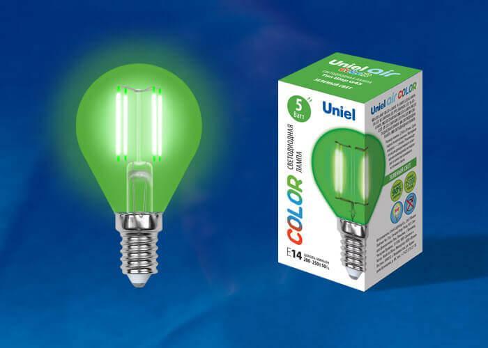 Лампа светодиодная филаментная (UL-00002987) Uniel E14 5W зеленый LED-G45-5W/GREEN/E14 GLA02GR в #REGION_NAME_DECLINE_PP#