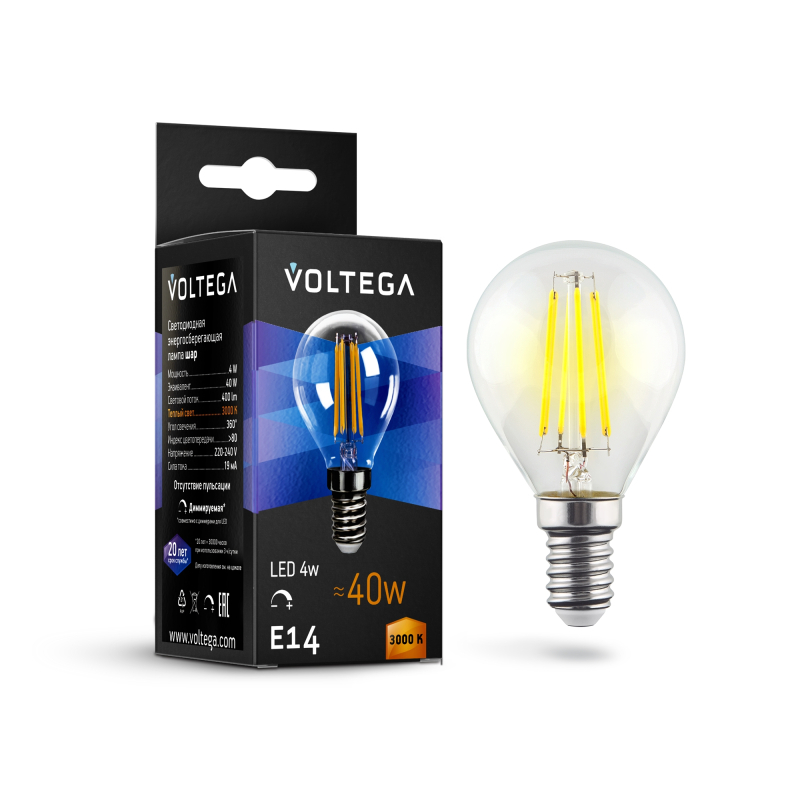 Лампа светодиодная филаментная диммируемая Voltega E14 5W 3000K шар прозрачный VG10-G1E14warm5W-FD 8464 в Санкт-Петербурге