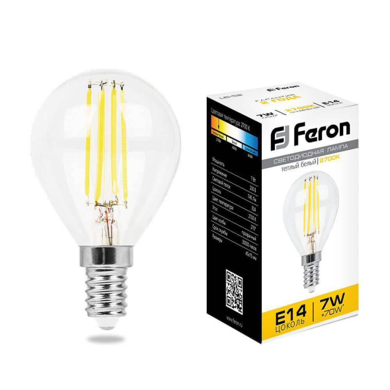 Лампа светодиодная филаментная Feron E14 7W 2700K Шар Прозрачная LB-52 25874 в Санкт-Петербурге