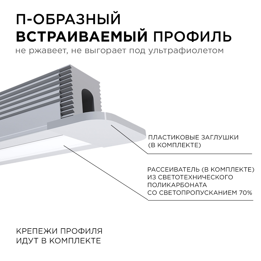 Профиль П-образный встраиваемый Apeyron ширина ленты до 5мм (рассеиватель, заглушки - 2шт, крепеж - 4шт) 08-39 в Санкт-Петербурге