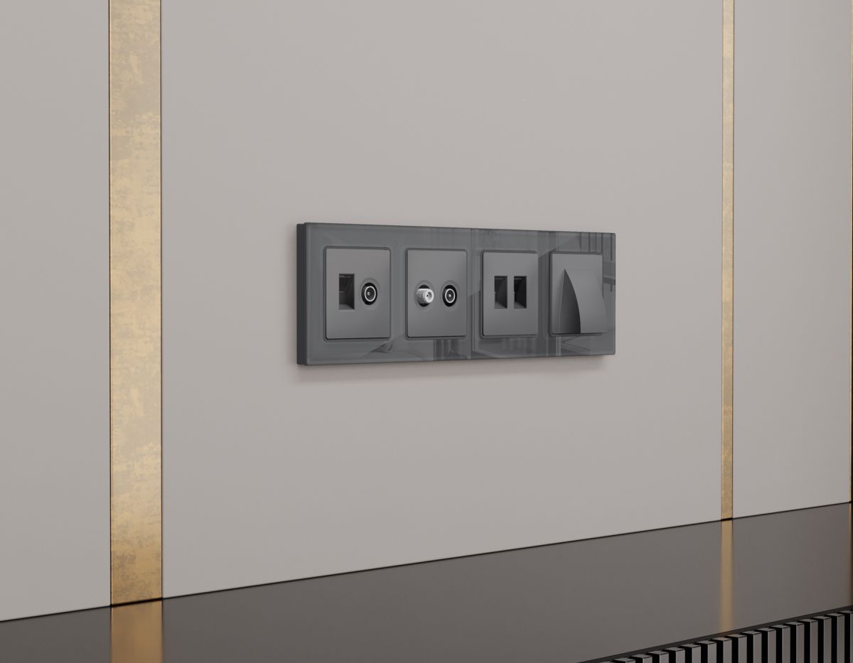 Комплект механизма компьютерной двойной розетки RJ-45 Ambrella Volt MA662110 (8P8C) CAT6 с автоматической защитной шторкой Alfa Антрацит серый Quant в #REGION_NAME_DECLINE_PP#