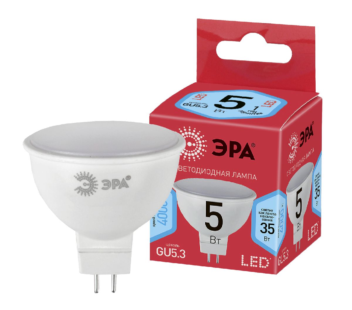 Лампа светодиодная Эра GU5.3 5W 4000K ECO LED MR16-5W-840-GU5.3 Б0019061 в Санкт-Петербурге