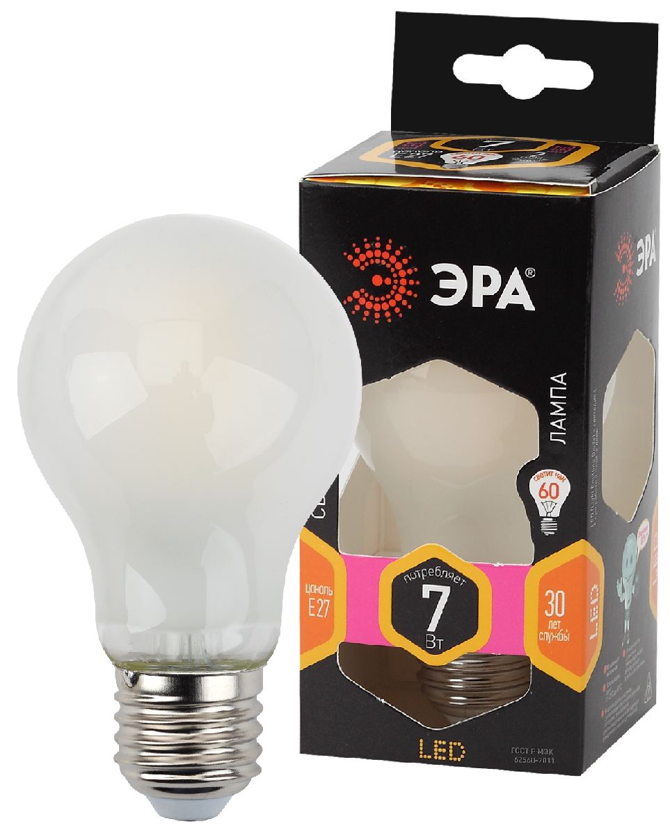 Лампа светодиодная Эра Е27 7W 2700K F-LED A60-7W-827-E27 frost груша матовая Б0035031 в Санкт-Петербурге
