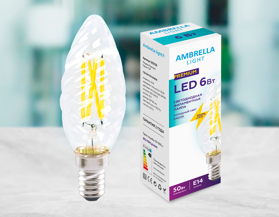 Светодиодная лампа Ambrella Light Filament C35 E14 6W 6400K 202126 в Санкт-Петербурге