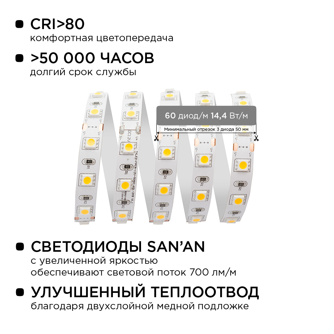 Комплект светодиодной ленты Apeyron 12В 14.4Вт/м smd 5050 60 д/м IP20 5м 3000K (блок, коннектор) 10-15 в Санкт-Петербурге