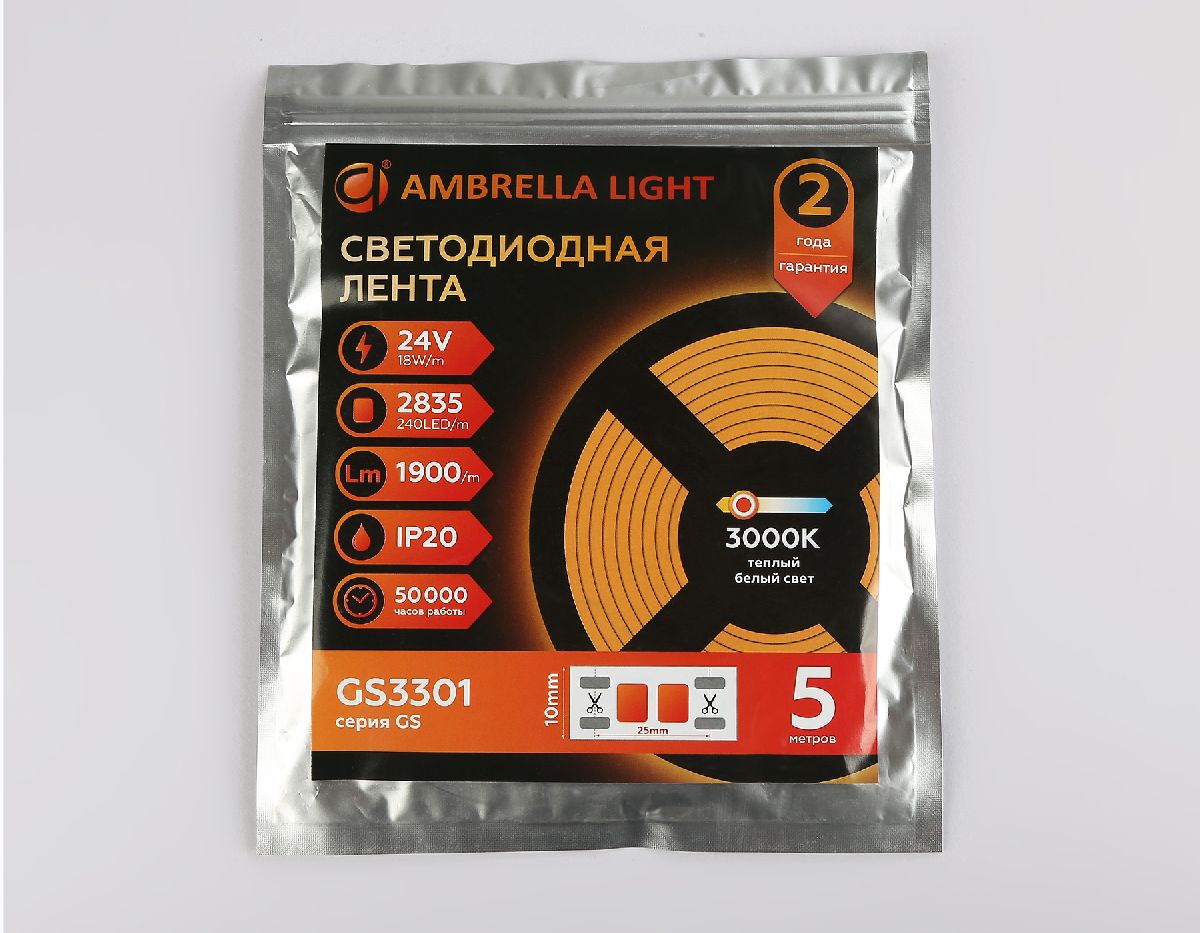 Светодиодная лента Ambrella Light LED Strip 24В 2835 18Вт/м 3000K 5м IP20 GS3301 в Санкт-Петербурге