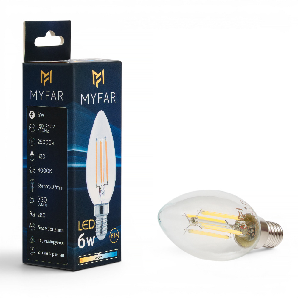Лампа светодиодная филаментная Myfar Базис E14 свеча прозрачная MB1002E14-6W4K в Санкт-Петербурге