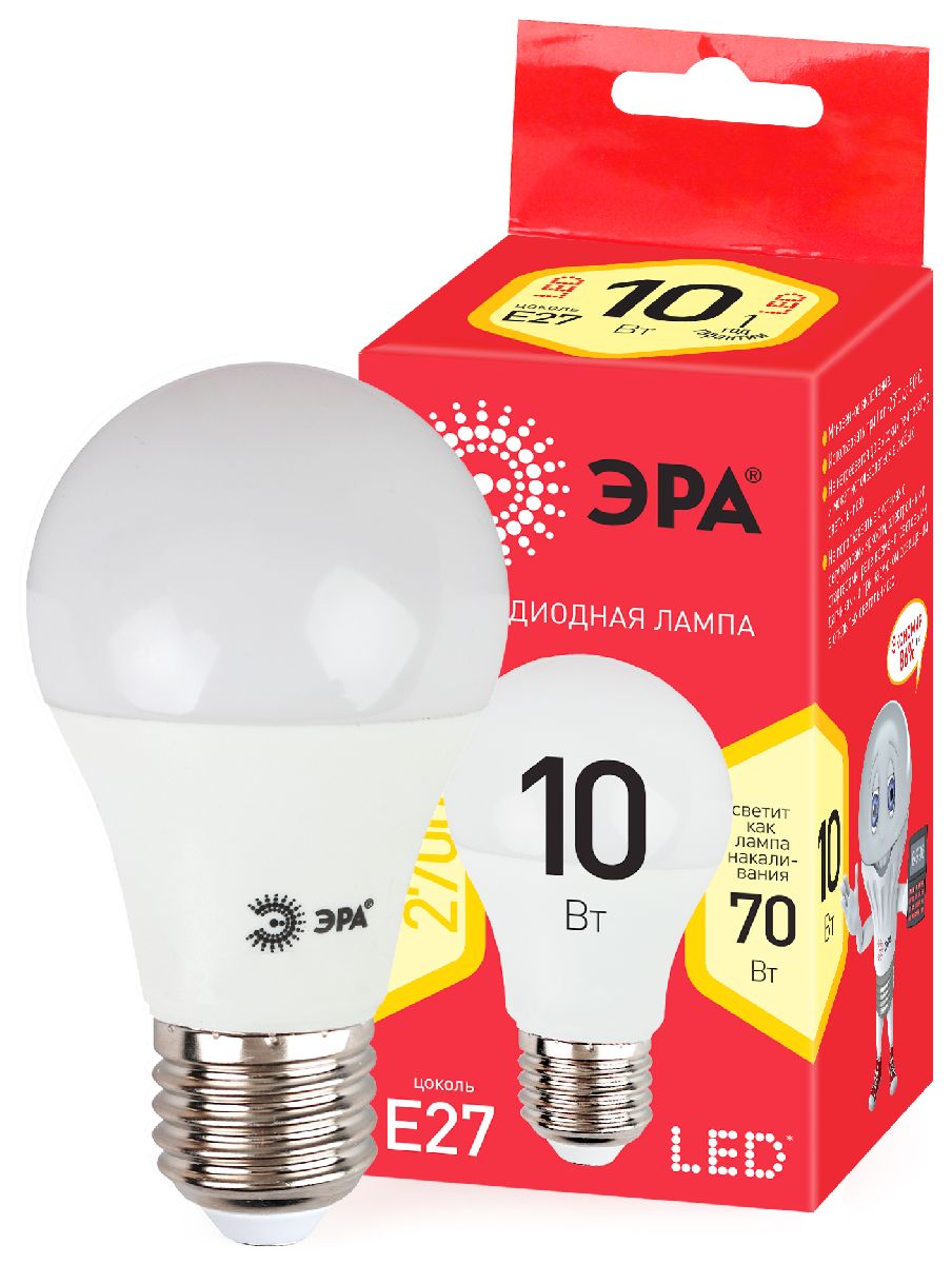 Лампа светодиодная Эра E27 10W 2700K ECO LED A60-10W-827-E27 Б0028006 в Санкт-Петербурге