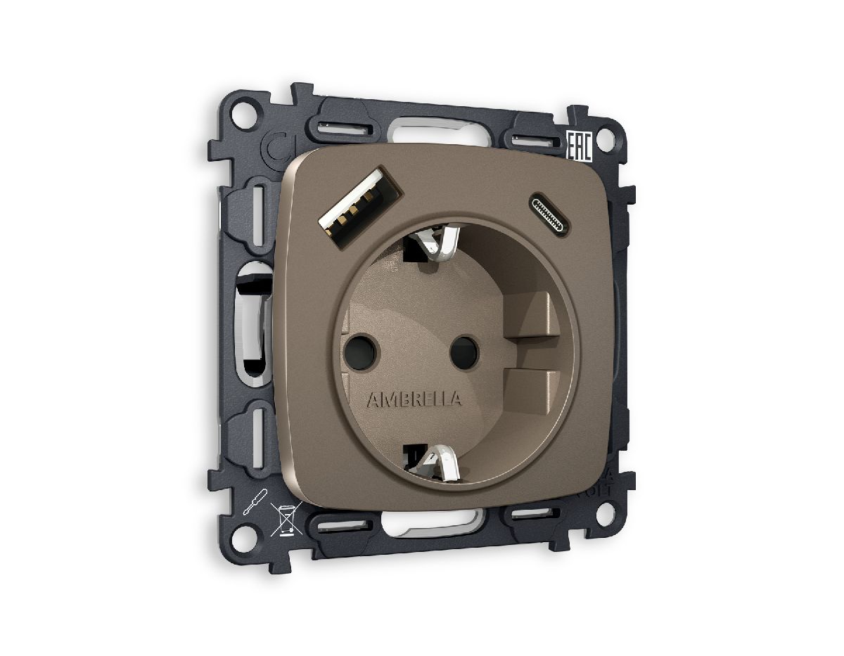 Комплект механизма розетки 2USB A+C 20W (быстрая зарядка) с/з Ambrella Volt Omega MO640010 в Санкт-Петербурге