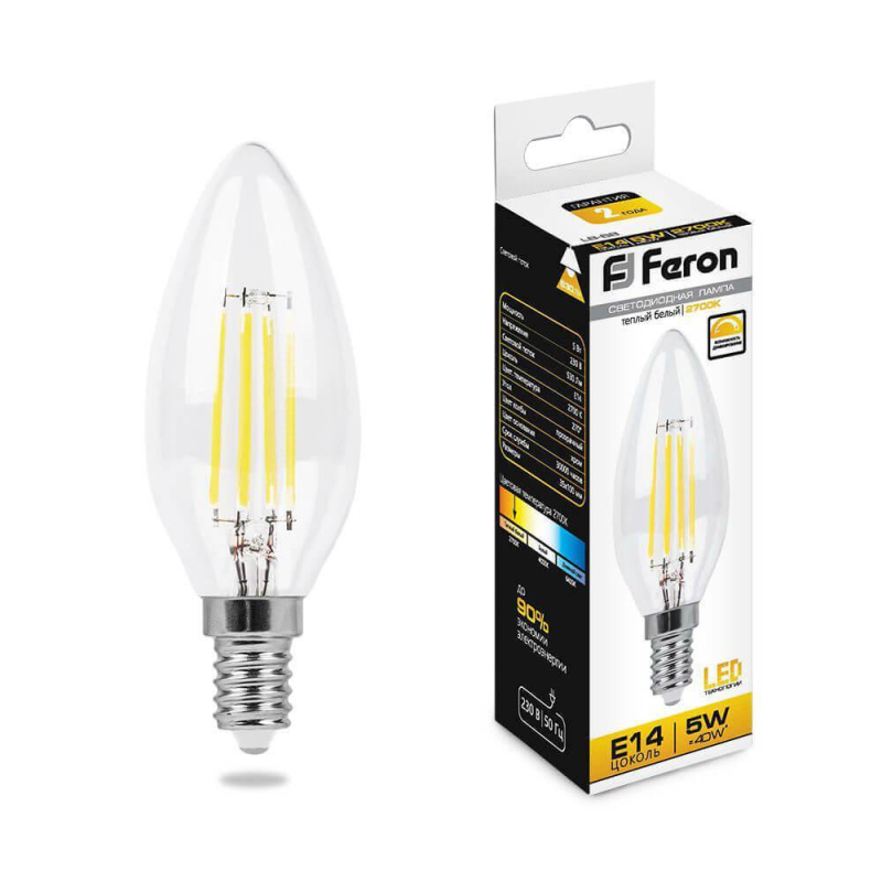 Лампа светодиодная филаментная диммируемая Feron E14 5W 2700K прозрачная LB-68 25651 в Санкт-Петербурге
