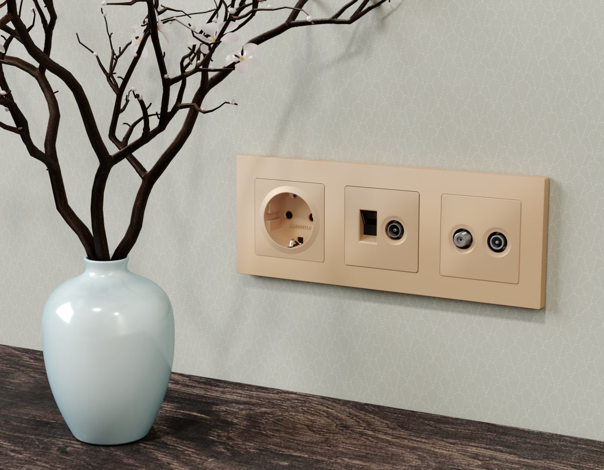 Комплект механизма розетки компьютерной + TV оконечной RJ-45 с автоматической защитной шторкой Alfa Шампань Quant Ambrella Volt MA612510 (AP6125, VM195) в Санкт-Петербурге