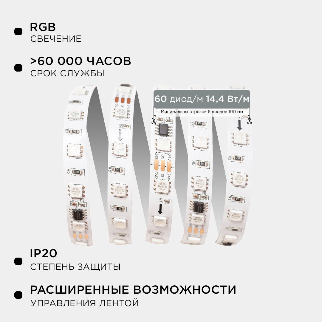 Комплект адресной светодиодной ленты Apeyron 24В 14,4Вт/м smd5050 60д/м IP20 10м RGB (адаптер питания, контроллер) 10-99 в Санкт-Петербурге