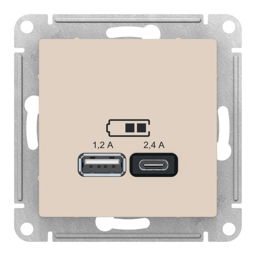 Розетка USB A+С, 5В/2,4А, 2х5В/1,2А, механизм Systeme Electric AtlasDesign Бежевый ATN000239 в Санкт-Петербурге