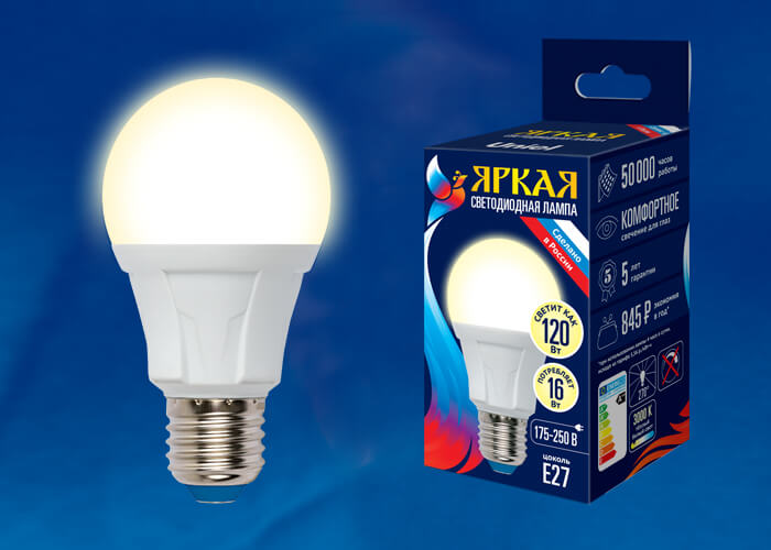 Лампа светодиодная (UL-00005033) Uniel E27 16W 3000K матовая LED-A60 16W/3000K/E27/FR PLP01WH в #REGION_NAME_DECLINE_PP#