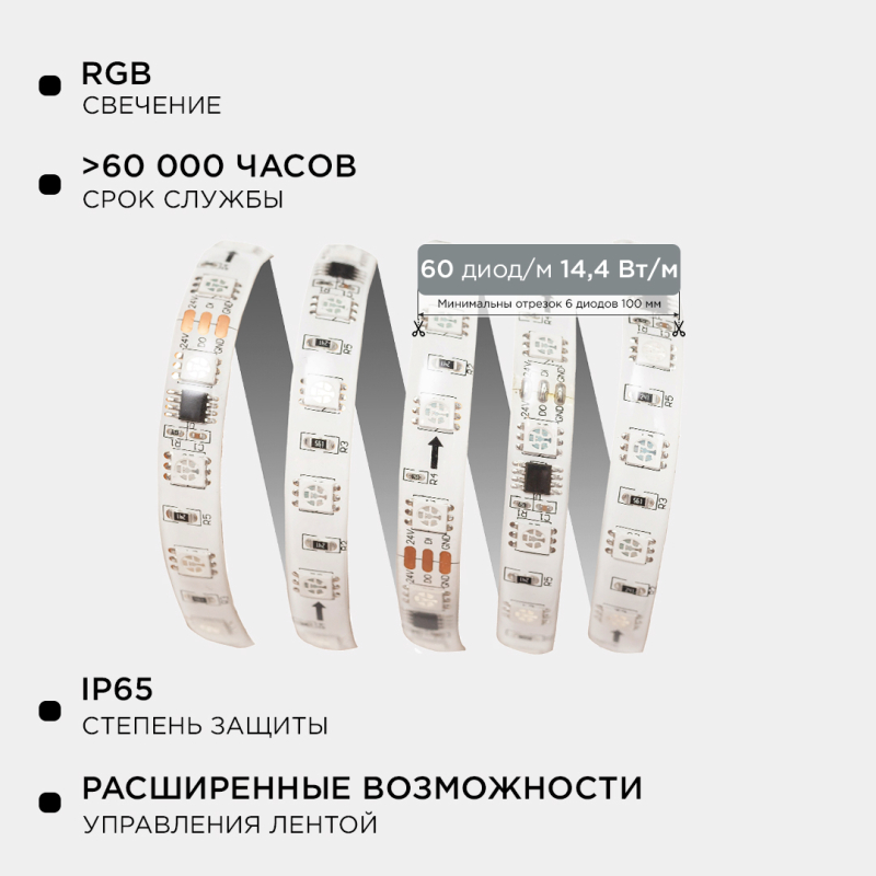Комплект адресной светодиодной ленты Apeyron 24В 14,4Вт/м smd5050 60д/м IP65 5м RGB (адаптер питания, контроллер) 10-96 в #REGION_NAME_DECLINE_PP#