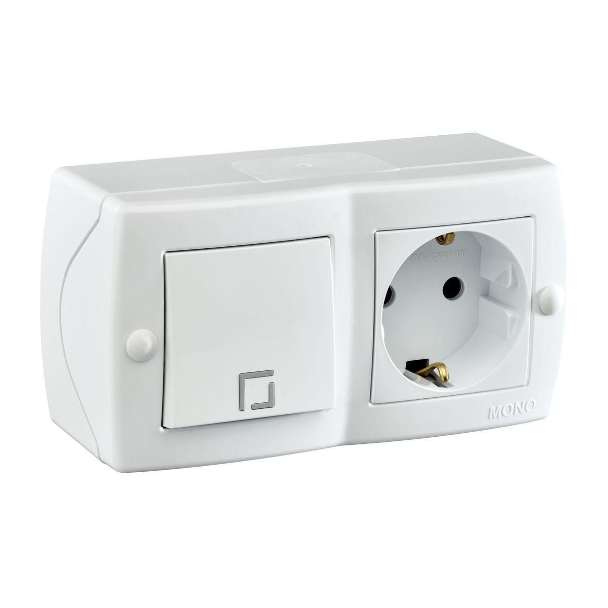 Выключатель одноклавишный + розетка с заземлением Mono Electric Octans IP20 10А 250В белый 104-010101-180 в Санкт-Петербурге