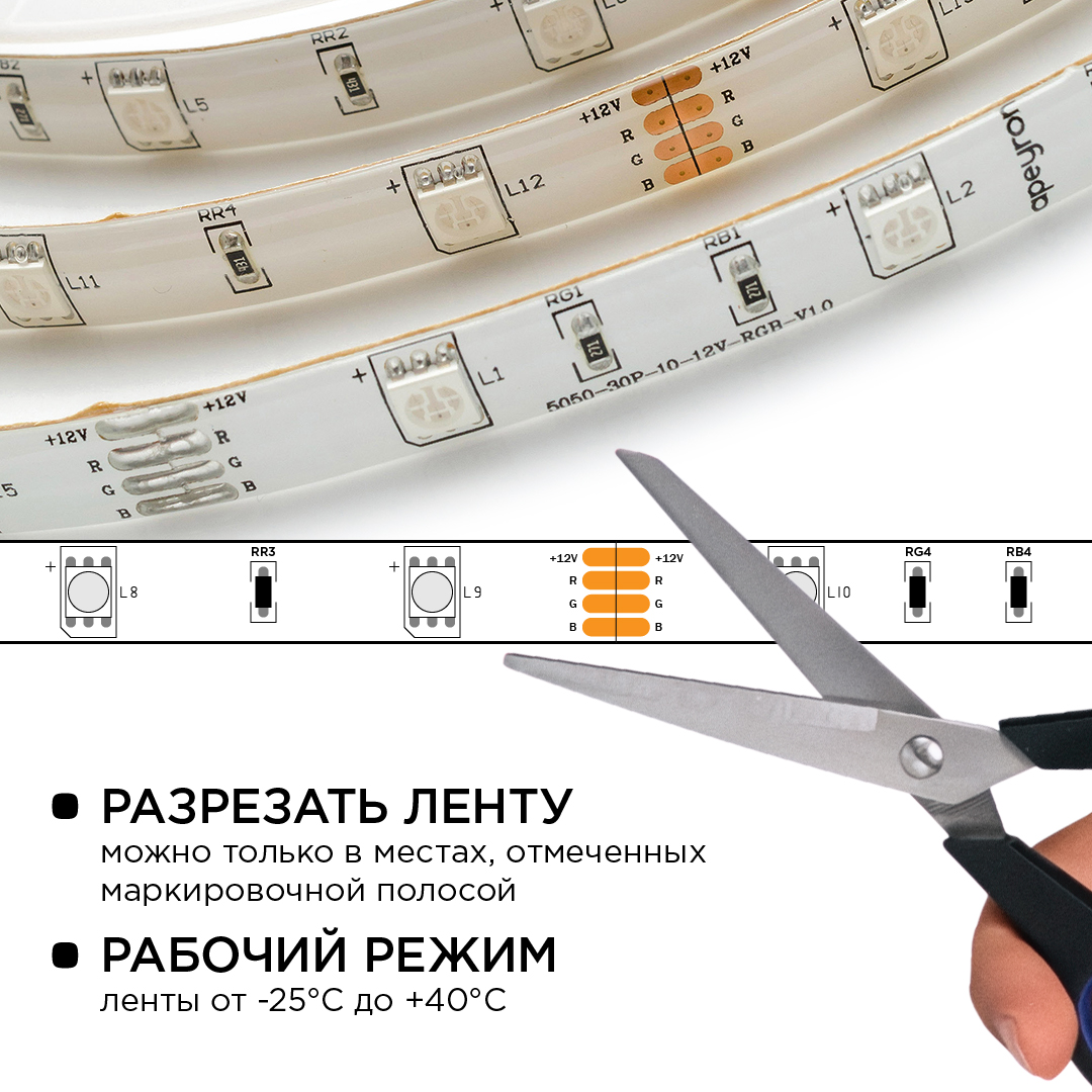 Комплект светодиодной ленты Apeyron 12В 7.2Вт/м smd 5050 30 д/м IP65 5м RGB (блок, коннектор, контроллер)  10-03 в Санкт-Петербурге