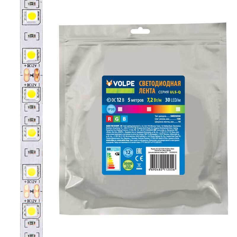 Светодиодная лента Volpe 7,2W/m 30LED/m 5050SMD RGB 5M ULS-Q210 5050-30LED/m-10mm-IP20-DC12V-7,2W/m-5M-RGB UL-00004541 в Санкт-Петербурге