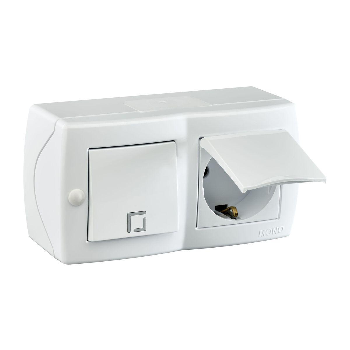 Выключатель одноклавишный + розетка с заземлением и крышкой Mono Electric Octans IP20 10А 250В белый 104-010101-183 в Санкт-Петербурге