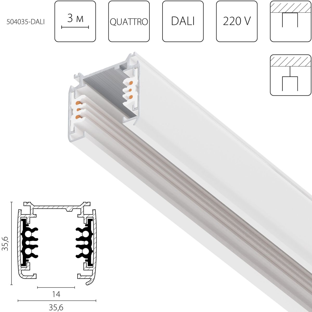 Шинопровод шестиконтактный трехфазный со стыковочными пазами, 3м Lightstar Quattro/DALI/ 504035-DALI в #REGION_NAME_DECLINE_PP#