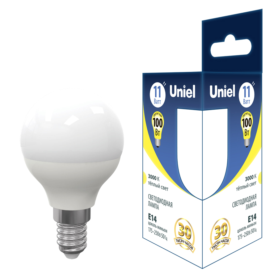 Лампа светодиодная Uniel E14 11W 3000K шар матовый LED-G45-11W/3000K/E14/FR PLS03WH UL-00006843 в Санкт-Петербурге