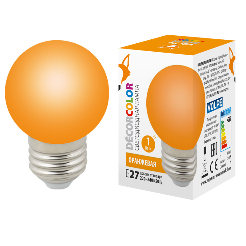Лампа декоративная светодиодная (UL-00005650) Volpe E27 1W оранжевая LED-G45-1W/ORANGE/E27/FR/С в Санкт-Петербурге