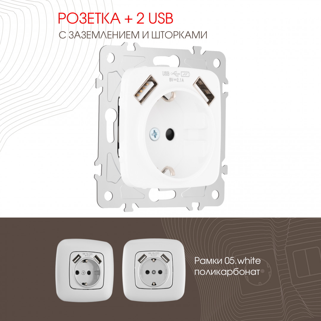 Розетка с заземлением, шторками + 2 USB Arte Milano 205.47-1.white в Санкт-Петербурге