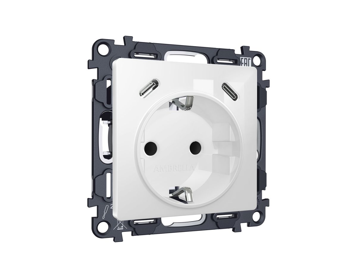 Комплект механизма электрической розетки 2USB С+C 20W с/з на винтовых зажимах 16A-250V Alfa Белый глянец Quant Ambrella Volt MA110510 (AP1105, VM165) в Санкт-Петербурге