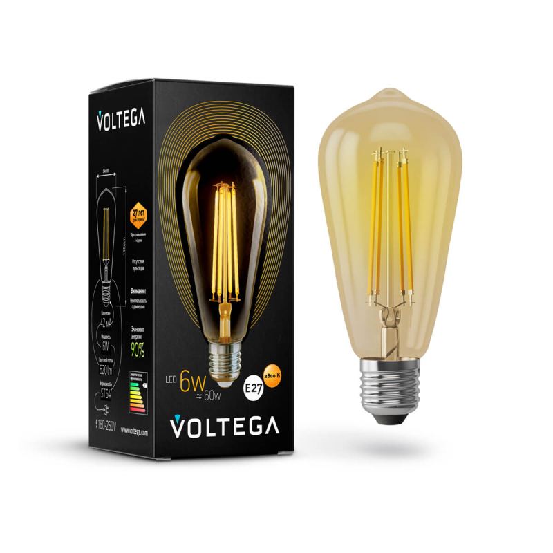 Лампа светодиодная филаментная Voltega E27 6W 2800К золотая VG10-ST64Gwarm6W 5526 в #REGION_NAME_DECLINE_PP#