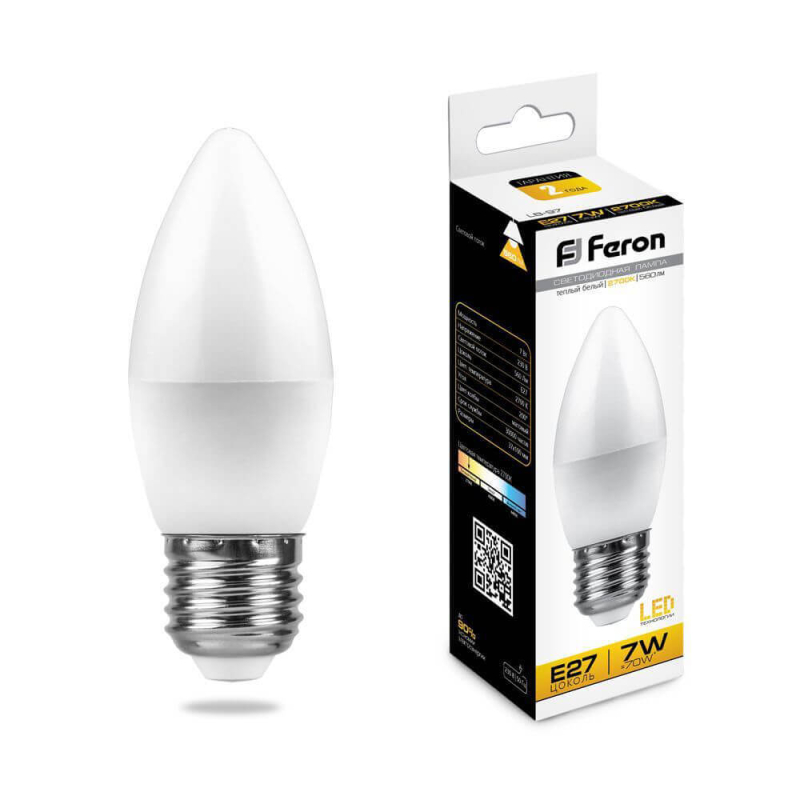 Лампа светодиодная Feron E27 7W 2700K Свеча Матовая LB-97 25758 в Санкт-Петербурге