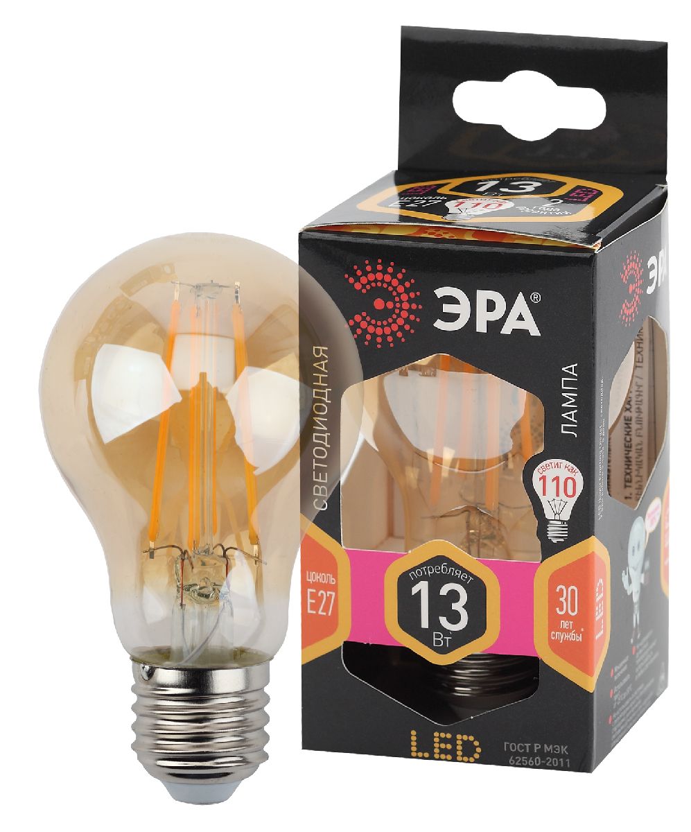 Лампа светодиодная Эра E27 13W 2700K F-LED A60-13W-827-E27 gold Б0044091 в #REGION_NAME_DECLINE_PP#