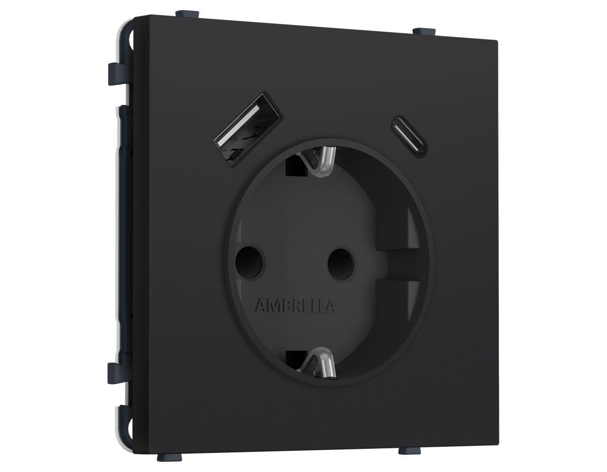 Комплект механизма электрической розетки SIGMA Черный Мягкое касание 2USB A+C 20W Ambrella Volt MS990010 (SP9900, PR160) в Санкт-Петербурге