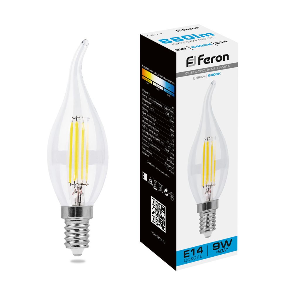 Лампа светодиодная Feron LB-74 Свеча на ветру E14 9W 6400K 38235 в #REGION_NAME_DECLINE_PP#