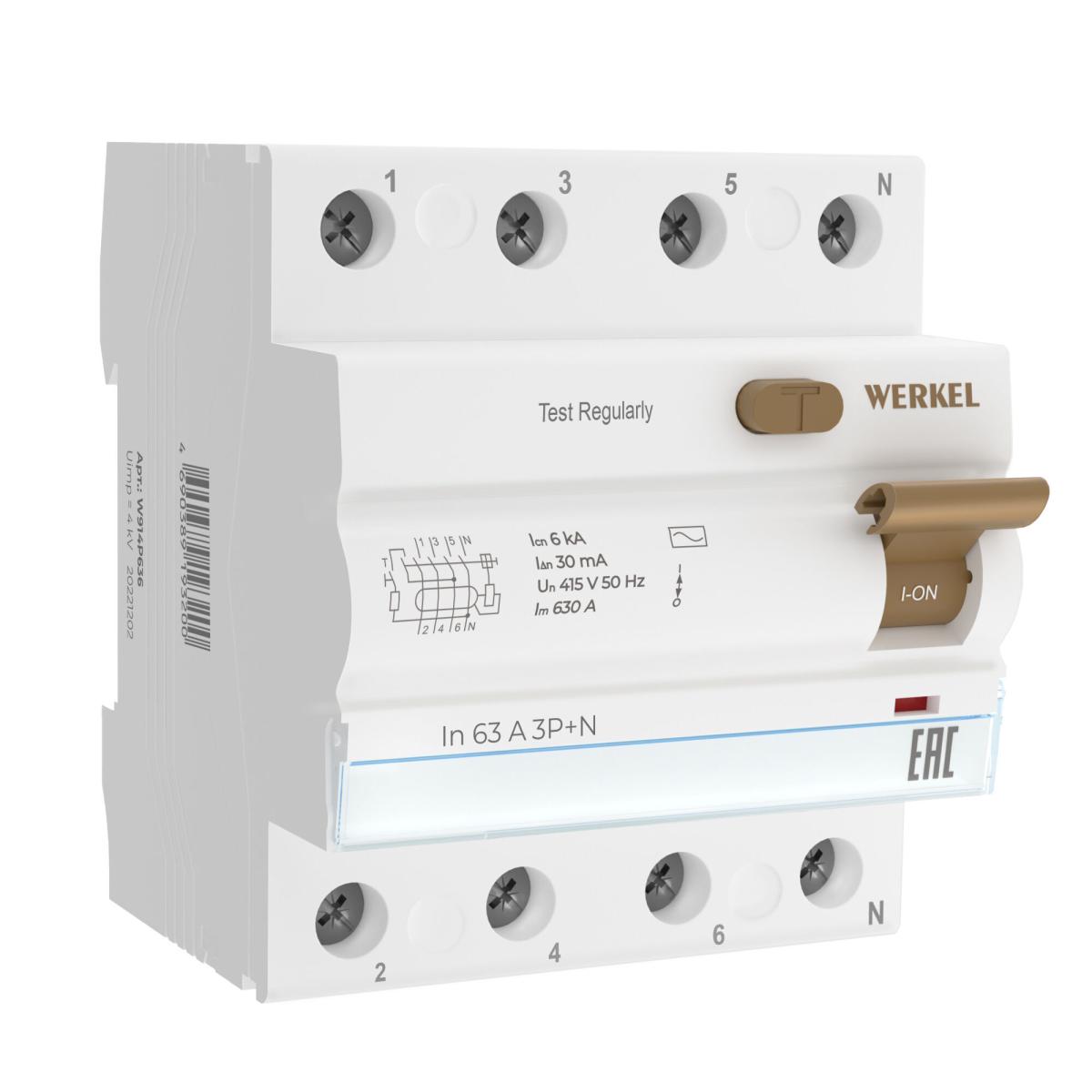 Устройство защитного отключения 3P+N 63 A 30m А АС 6 kА Werkel W914P636 4690389193200 a062566 в Санкт-Петербурге