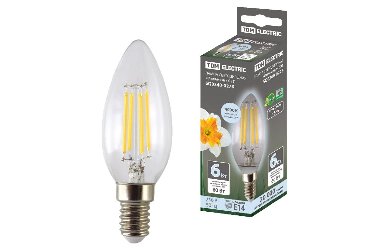 Лампа светодиодная филаментная TDM Electric Е14 6W 4000K прозрачная SQ0340-0276 в Санкт-Петербурге