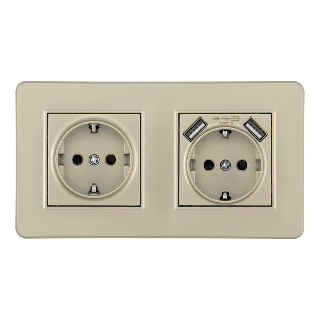 Розетка двойная (двухпостовая) с/з и шторками + USB Arte Milano SET16-2-47-1-40-1 shampan в Санкт-Петербурге