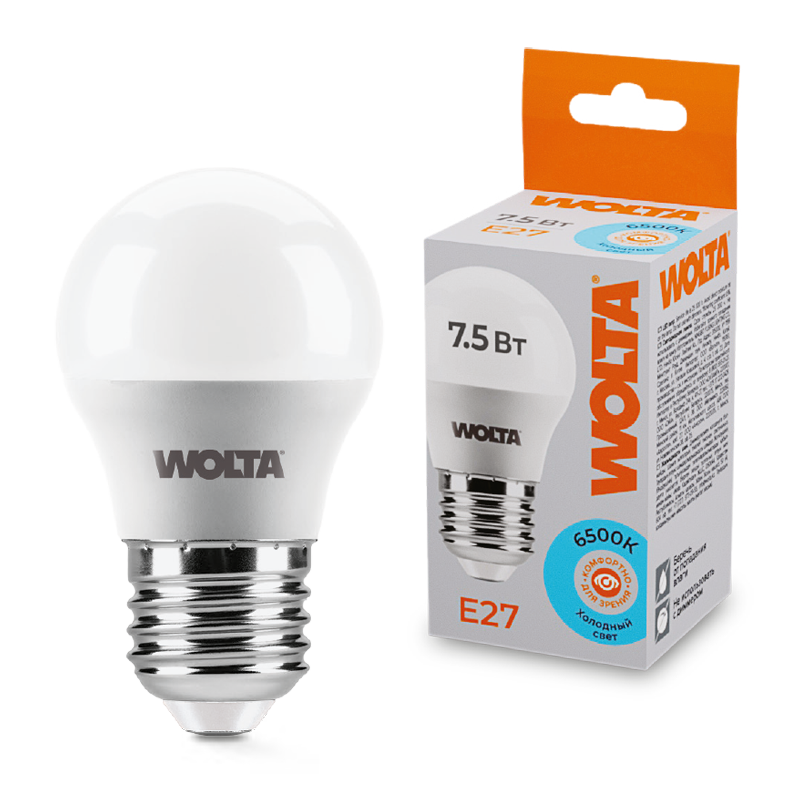 Светодиодная лампа WOLTA 7.5Вт 6500K E27 груша матовая 25W45GL7.5E27 в Санкт-Петербурге