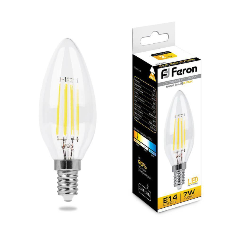 Лампа светодиодная филаментная Feron E14 7W 2700K Свеча Прозрачная LB-66 25726 в Санкт-Петербурге