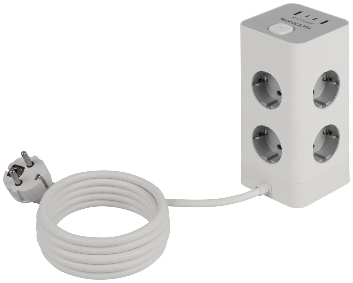 Сетевой фильтр ЭРА TWR-8es-1,5m-4USB-W башня с защитой заземлением с выключателем 8 розеток+4xUSBA+C 1,5м 16А белый Б0069071 в #REGION_NAME_DECLINE_PP#