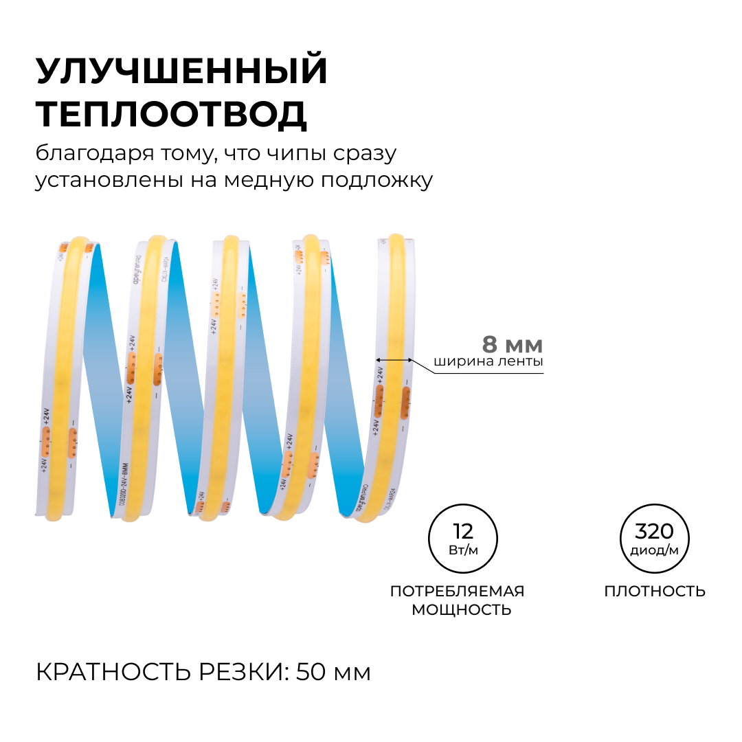 Светодиодная лента Apeyron 24В COB 12Вт/м 6500К 10м IP20 00-386 в Санкт-Петербурге