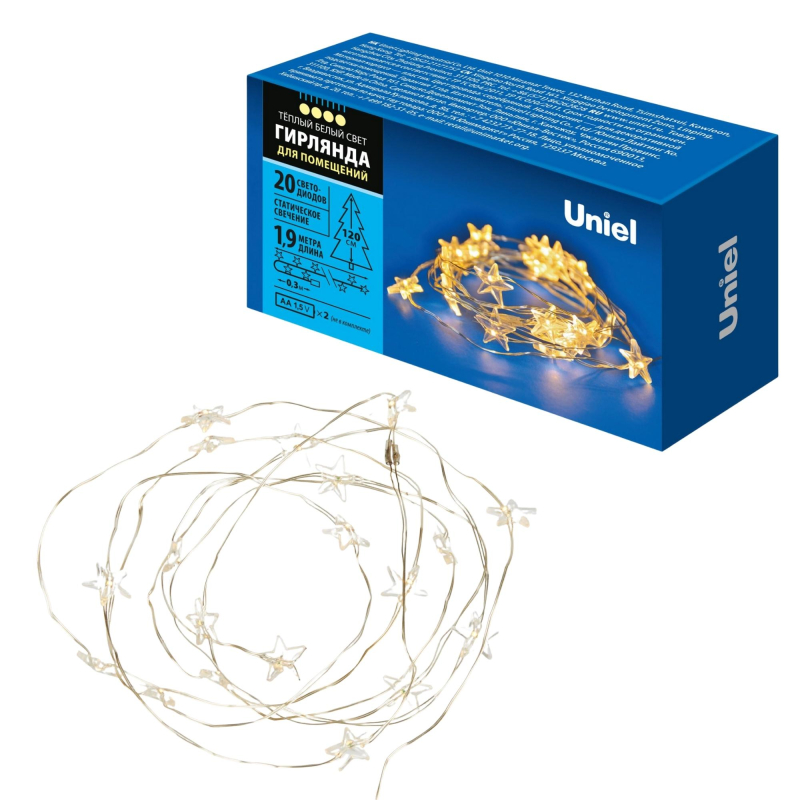 Гирлянда Uniel ULD-S1900-020/STB/2AA WARM WHITE IP20 STARS MINI в Санкт-Петербурге