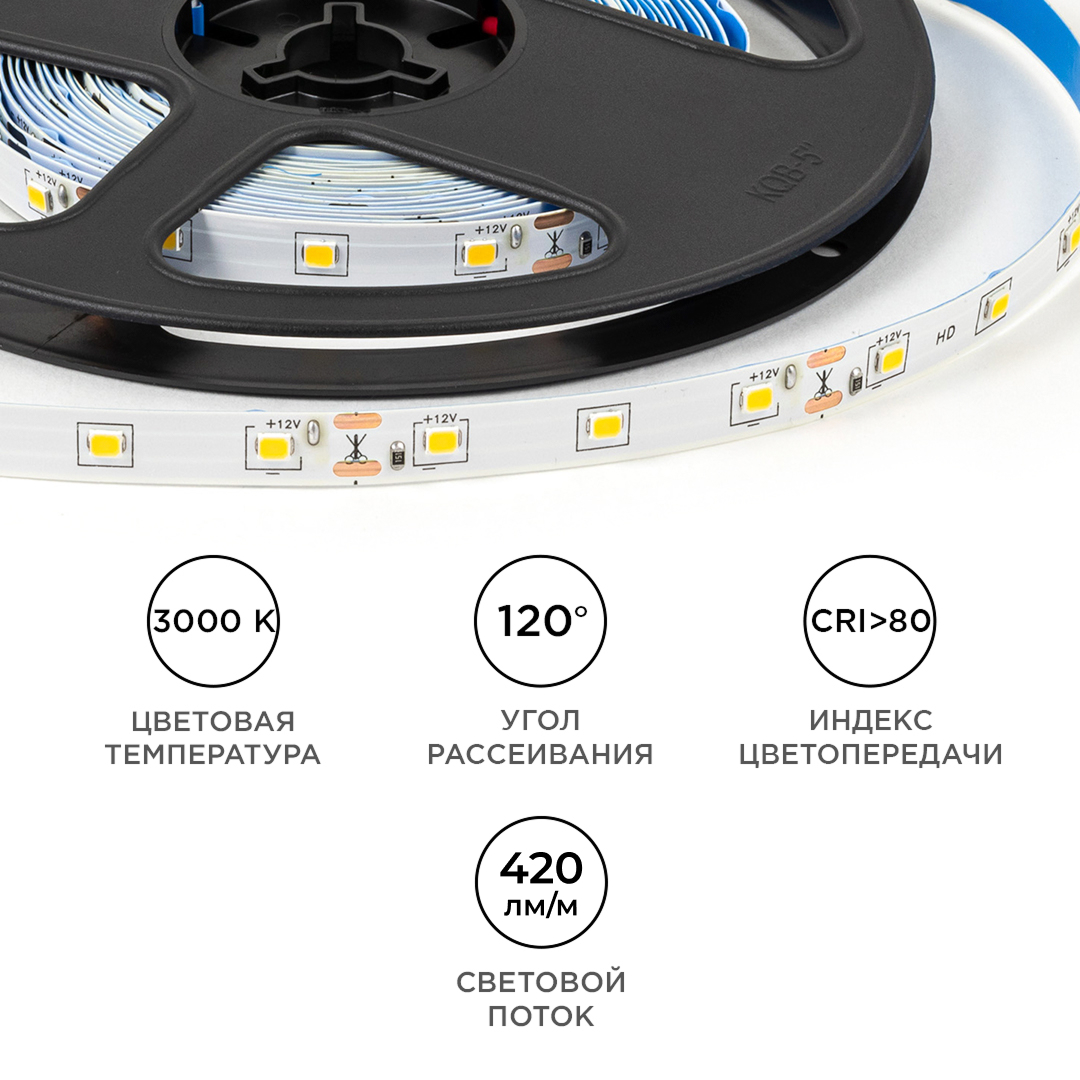 Светодиодная лента OGM 12В 2835 4,8Вт/м 3000К 420Лм/м 5м IP20 LSE-246 в Санкт-Петербурге